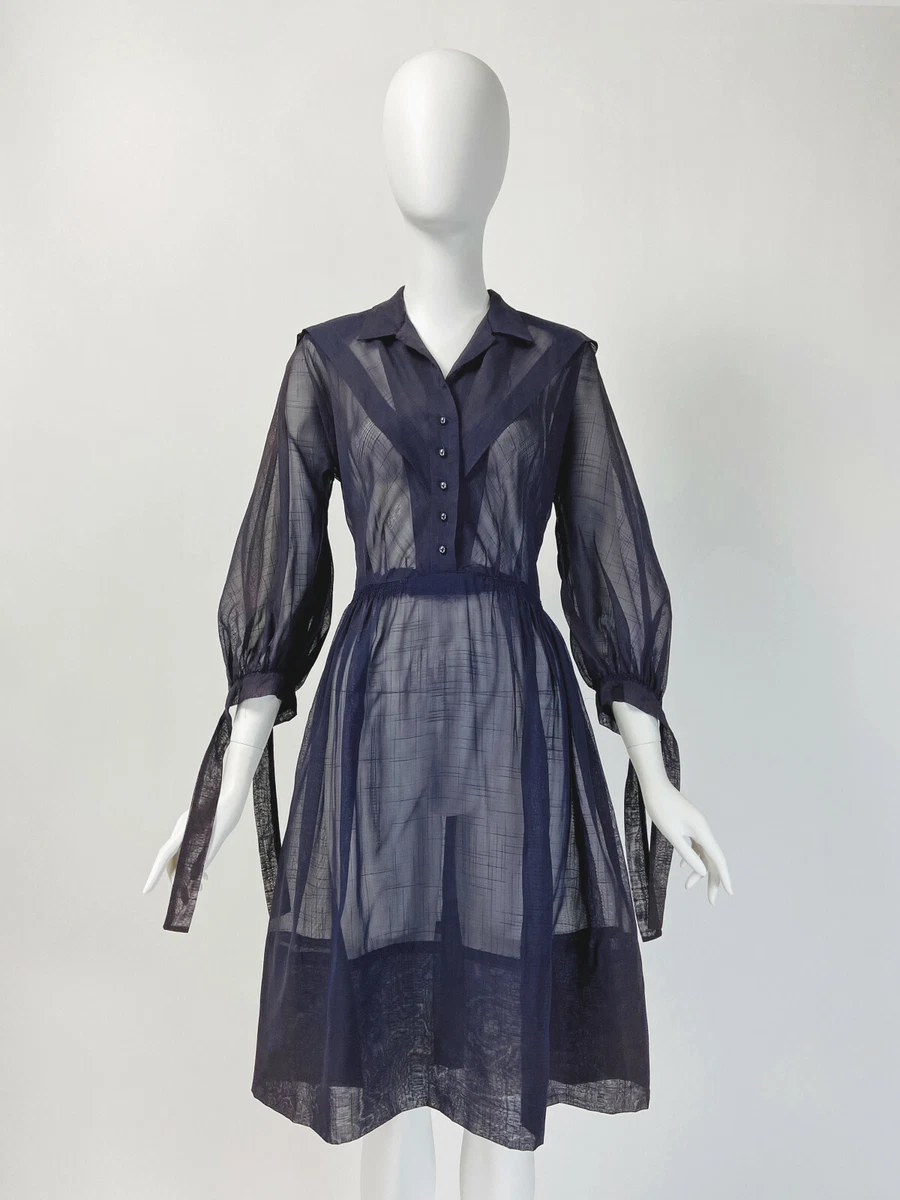 Vintage 40s 50s Sheer Dress NAVY BLUE ORGANDY Puffed Sleeves