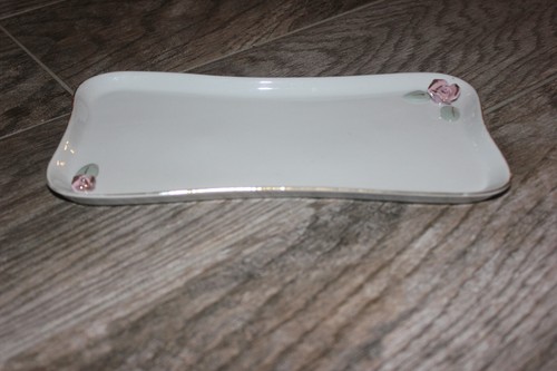 Vintage Small Vanity Dresser Tray White Porcelain Pink Rose Applique Gilded Trim - Picture 2 of 5
