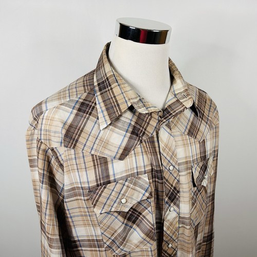 Sundance 2XL Tall Man Vintage USA Made Pearl Snap Shirt Brown Bleu Plaid