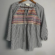 Savana Jane Peasant Cotton Blouse Embroidered Striped Tie Neck Top Boxy Size