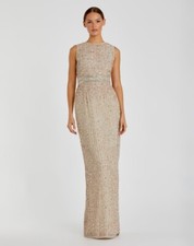 Mac Duggal 93603 Beige Sequined High Neck Sleeveless Column Gown Size 4