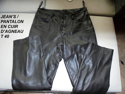 JEANS HOSE LAMMLEDER SCHWARZ IDEAL BIKER MIX SLIP KNÖPFE GR. 40
