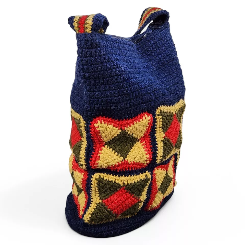 Vintage Crochet Shoulder Bag Lined Zipper Handmade Purse 1970's Boho Hippie Lg - Image 4 of 4