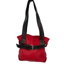 Village Tannery Lipstick Red Leather Double Handle Shoulder Bag with Belt