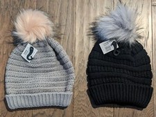 New Soft Stretch Cable Knit Beanie Snow Hat w/ Faux Fur Pom - Grey or Black