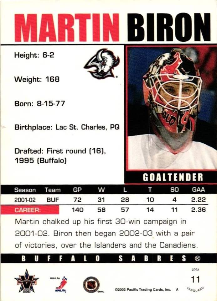 2002-03 Vanguard Hockey #11 Martin Biron Buffalo Sabres Mint - Image 2 of 2