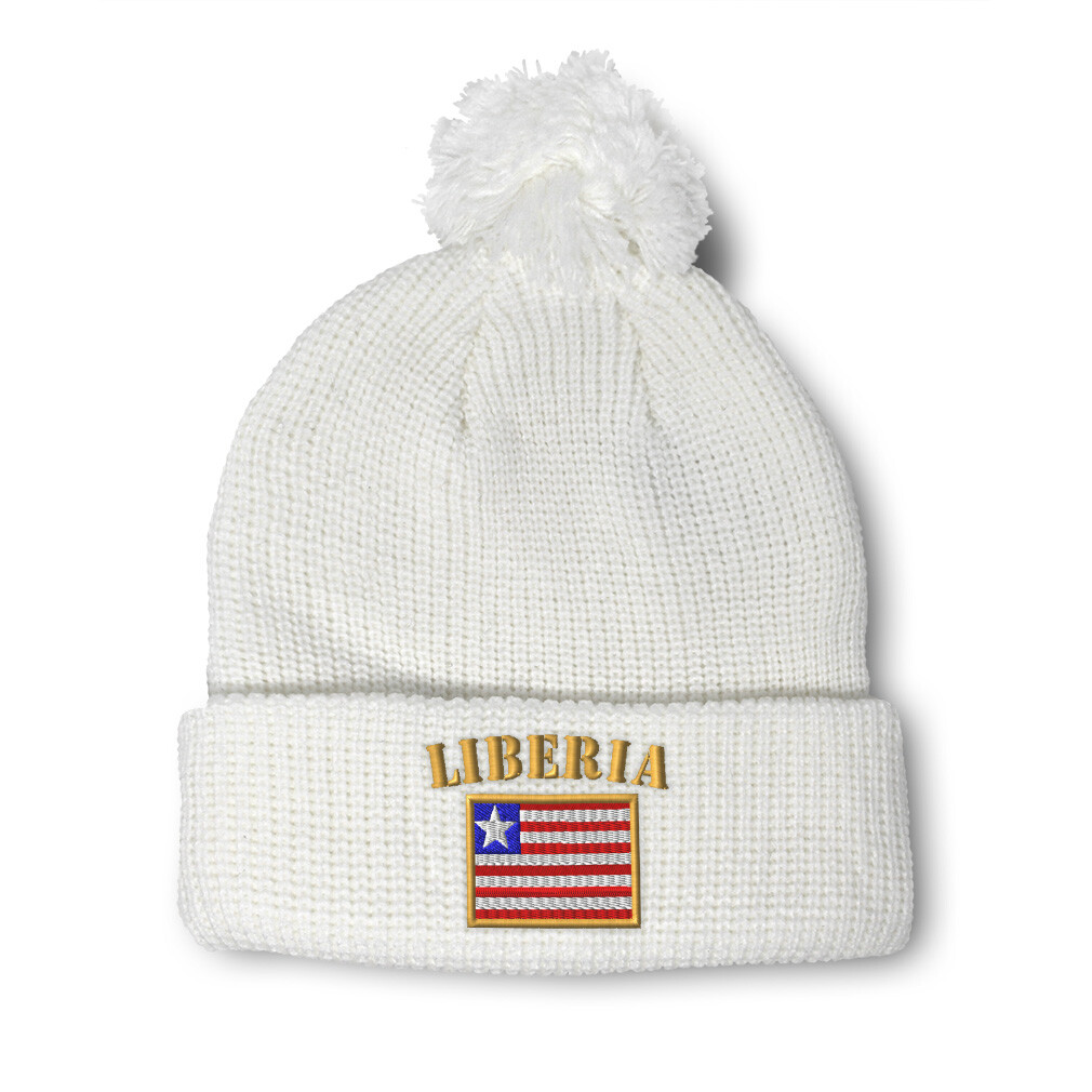 Liberia Flag Embroidered Pom Pom Beanie Winter Skull Cap for Men & Women