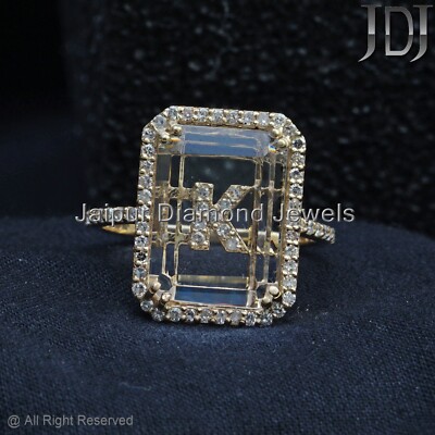 Natural Pave Diamond 14K Yellow Gold K Initial Crystal Gemstone Jewelry Ring
