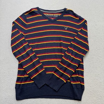 American Eagle Sweater Men's Large Multicolor Striped V-Neck Long Sleeve Preppy