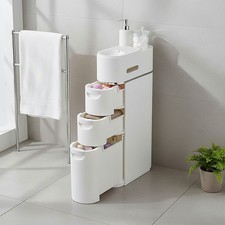 White Narrow Slim Storage Cabinet with 3/4 Drawers for Bathroom - Freestanding 