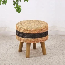  Round Ottoman Natural Seagrass Footstool Hand Weave Water Hyacinth Poufs Black
