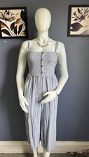 Hollister Womens Blue  White Striped Smocked Jumpsuit Button Front Large