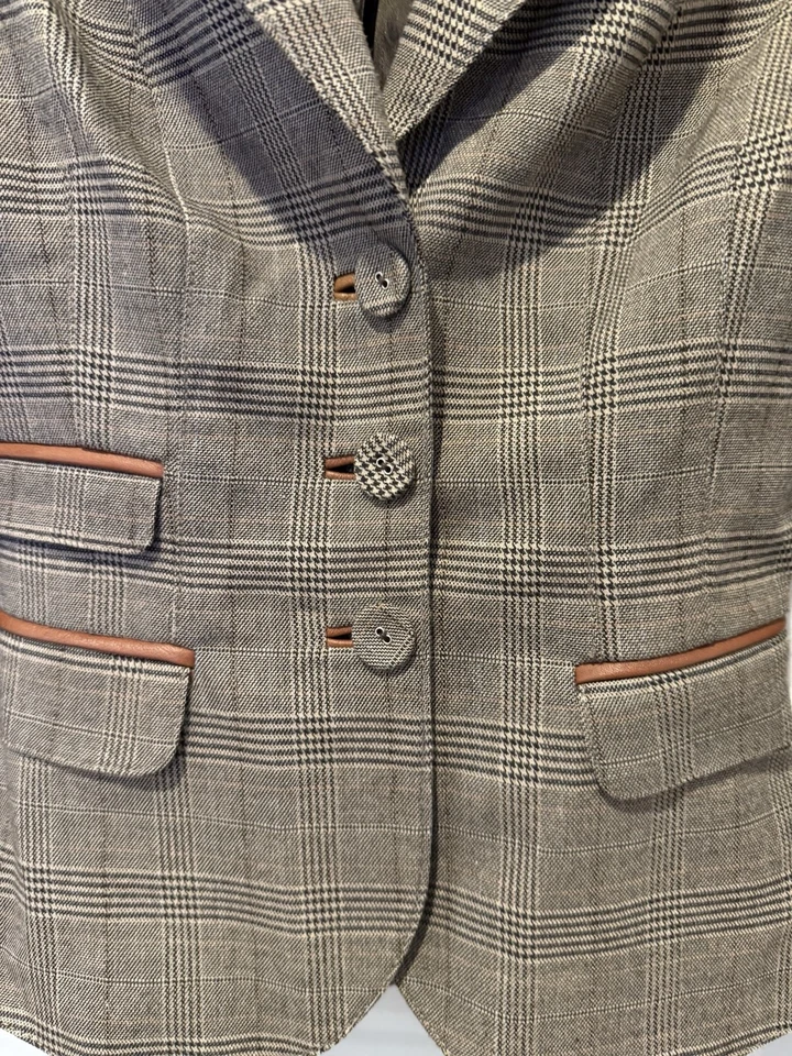 Chaqueta Blazer Bebe Pata de Gallo Borde Cuero Cuadros Vintage Y2K Talla 00 Foto 4 de 4