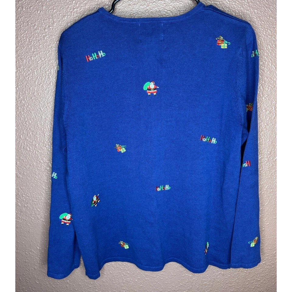 Vintage The Quacker Factory Womens S Blue Santa Claus Christmas Cardigan Sweater - Image 3 of 4