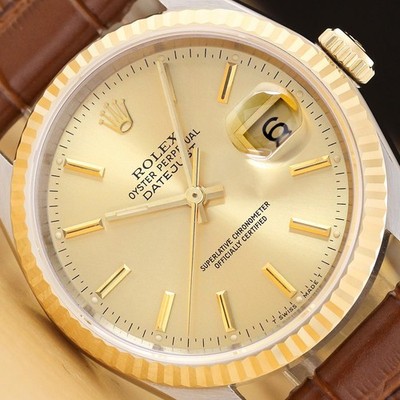 ROLEX MENS DATEJUST 16233 CHAMPAGNE 18K GOLD STEEL BROWN LEATHER WATCH