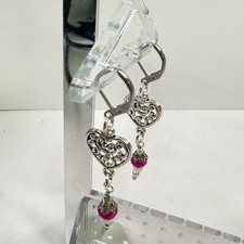 Valentines Metal Alloy Heart Leverback Earrings 1.5in Stainless Steel Pink Bead