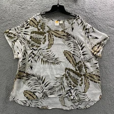 C&C California Blouse Womens 3X Top Floral Linen Green White Sheet