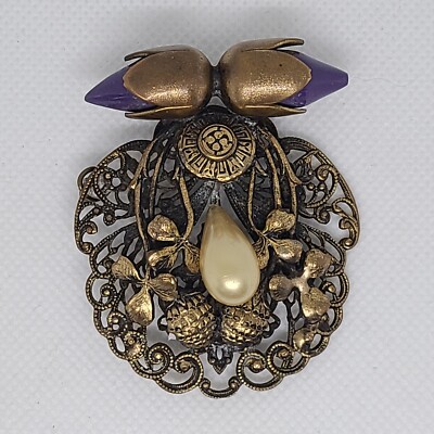 Early 1900's Fashion Stick Brooch/Pendant Gold/Purple Stone/Pearl/Clover Damaged