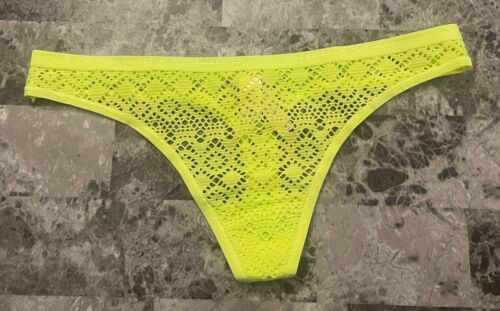 NWT VICTORIA'S SECRET M NEON YELLOW NETTED SEAMLESS LOGO BAND RARE THONG PANTIES