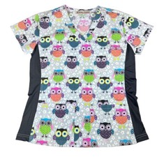 Green Town Owl Print V-Neck Short Sleeve Medical Scrub Top XS