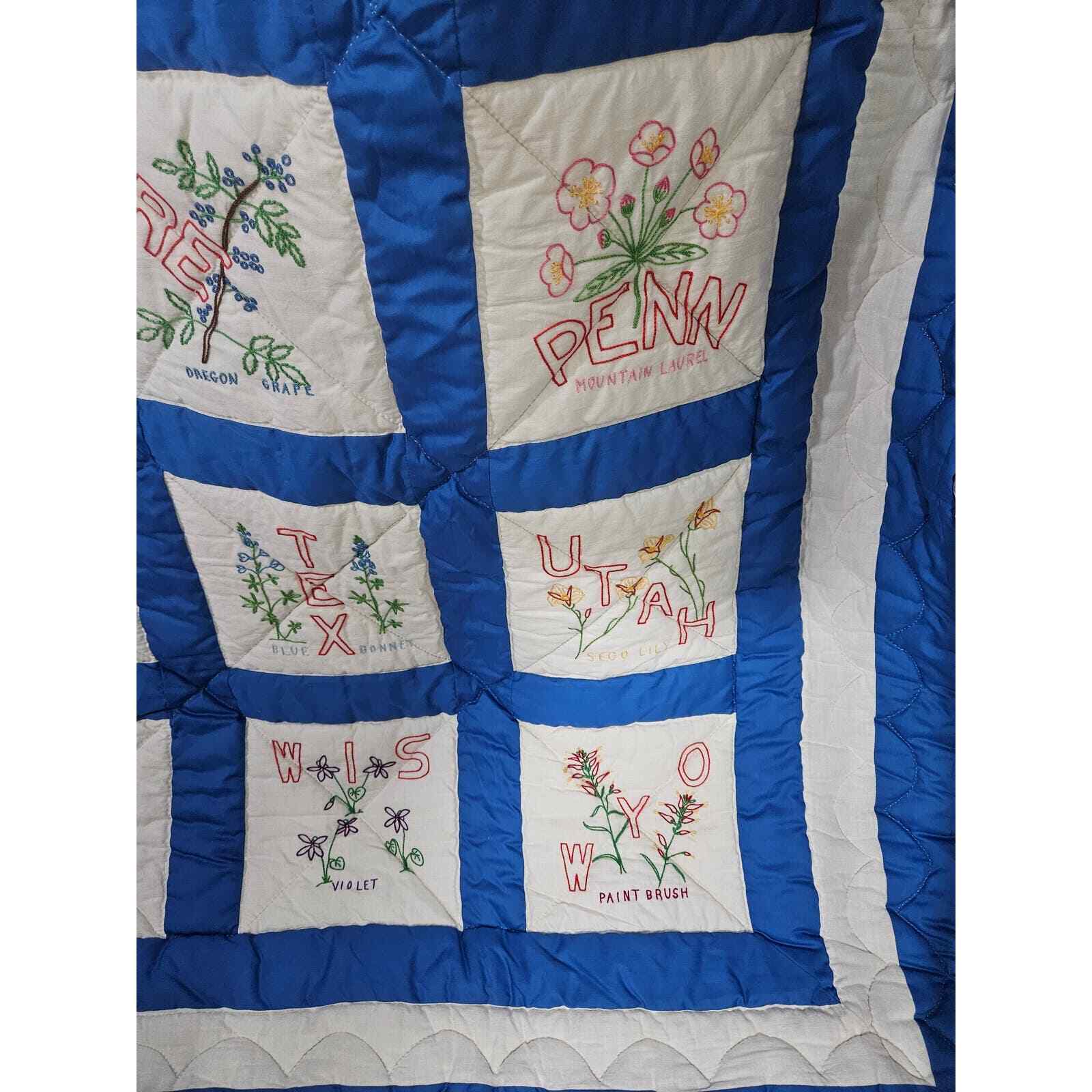 Vintage Handmade State Flowers Quilt Blue Borders 76x93 50 States eBay