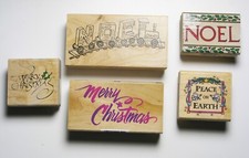Set of 5: MERRY CHRISTMAS, NOEL, PEACE ON EARTH, Lg. Rubber Stamps -New/Unused