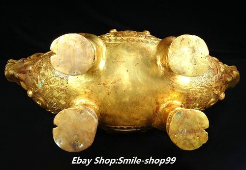 13.7" China Bronze 24K Gold Fengshui Cattle ox Bull Beast Animal Zun ornaments - Picture 5 of 9