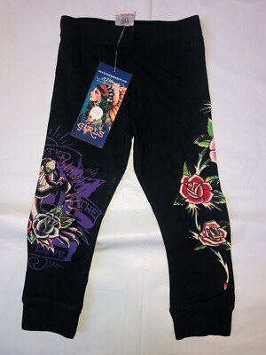 New Girls Ed Hardy Leggings Black With Roses   NWT SZ 2/3