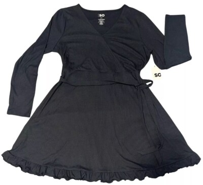 SO Juniors' Black Luxe Surplice Neck Long Sleeve Ruffle Hem Rib Knit Dress  XXL | eBay