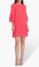 Tahari L123118 Womens Coral Azalea Embroidered Ruffle Chiffon Shift Dress Size 6