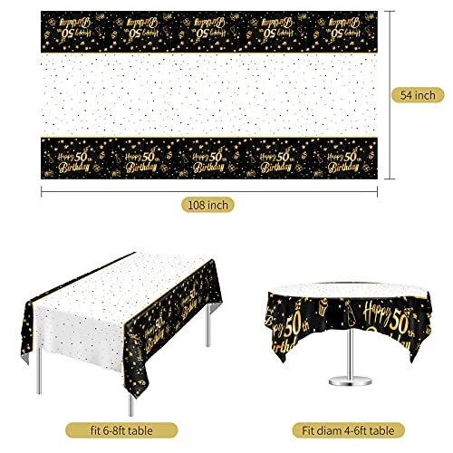 2 Pack Black Gold Table Cloth Cover Happy 50th Birthday Black Gold 50th - Image 2 of 4