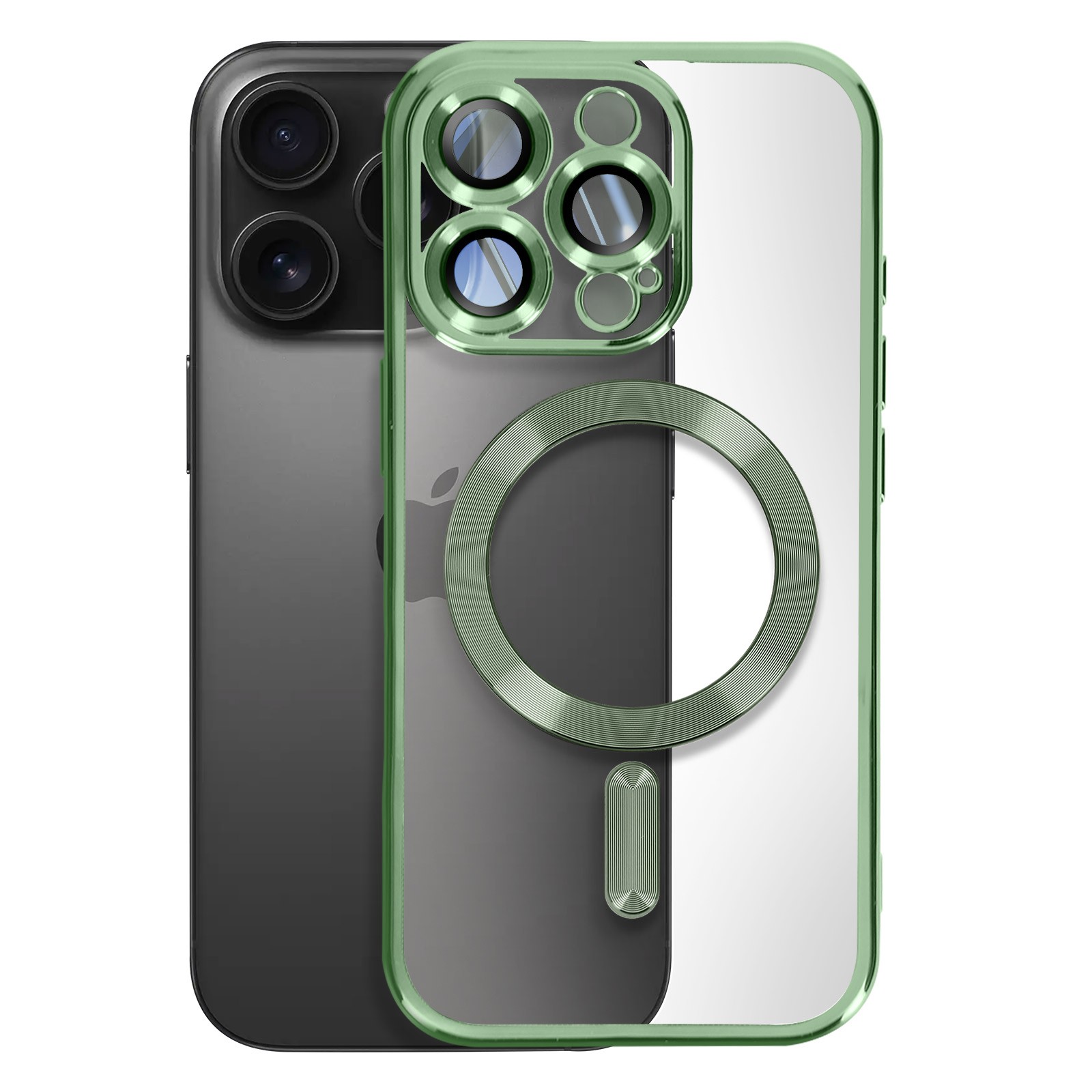 Coque iPhone 16 Pro anti-rayures fine en silicone vert foncé et chrome