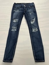 American Eagle Jeans Womens 4 Blue Super Low Jegging Distressed Ripped Stretch