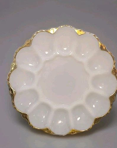 Vintage Anchor Hocking Fire King Deviled Egg Plate Milk Glass Dish w/Gold Trim
