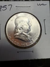1957 50C Franklin Half Dollar UN.  DETAILS PERFECT! SILVER!  #2998. HIGHER GRADE