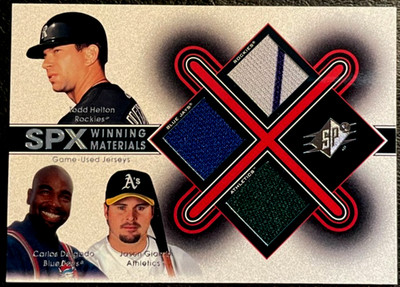 2001 SPx Winning Materials Helton, Delgado, Giambi Game-Used Jerseys #HDG