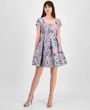 Tahari Women's Floral-Brocade Square-Neck Fit & Flare Dress Ice Blue Multi 10
