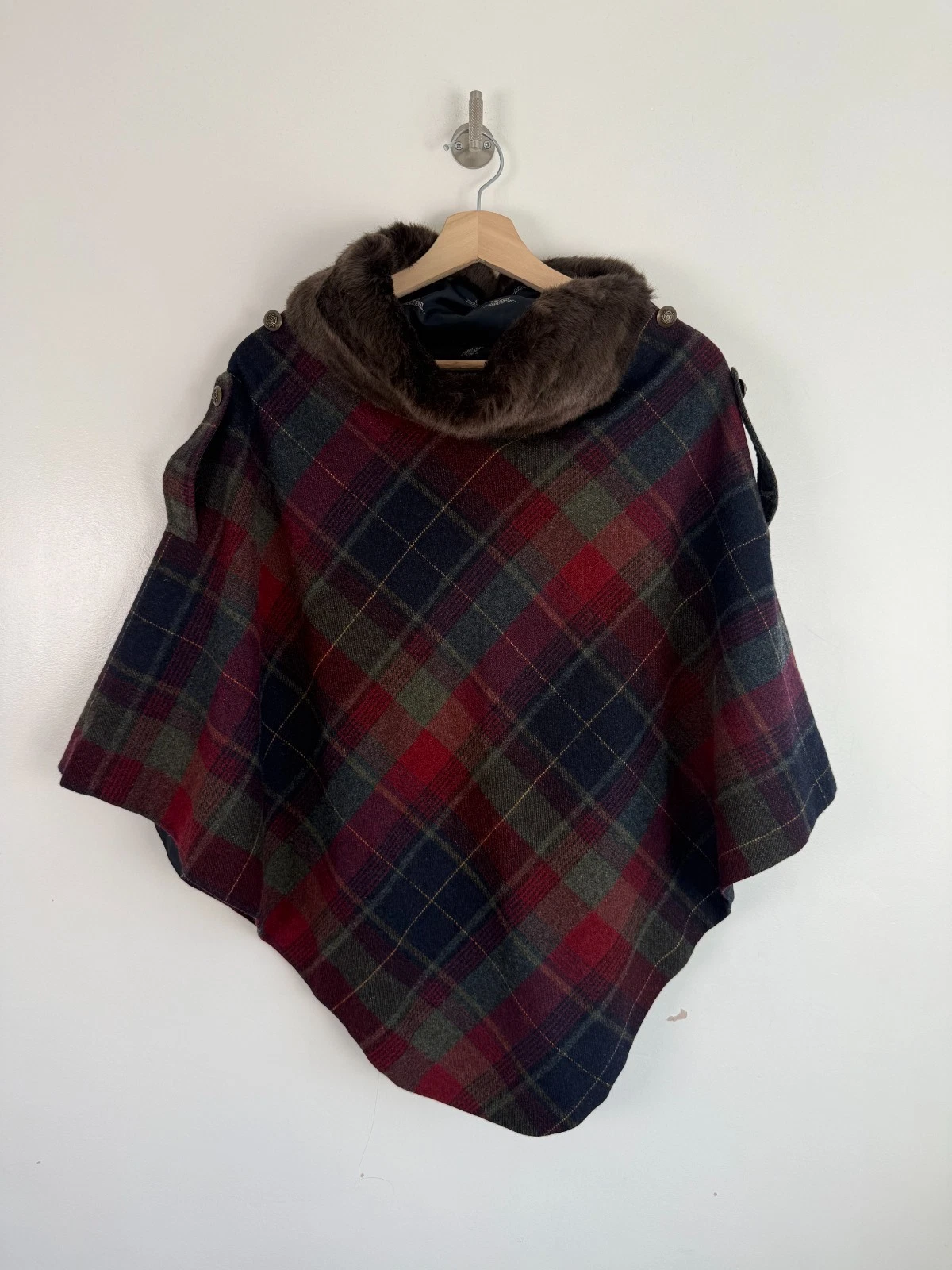 Joules Cape Poncho One Size Red Navy Hazelwood Check Wrap Faux Fur Collar Tweed