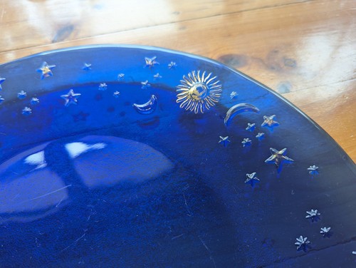 Vintage Cobalt Blue with Gold Sun Moon and Stars Decoration Glass Platter 34cm - Picture 6 of 8