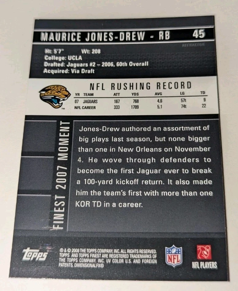 2008 Topps Finest # 45 Maurice Jones-Drew Blue Refractor Parallel Card Football - Image 3 of 3