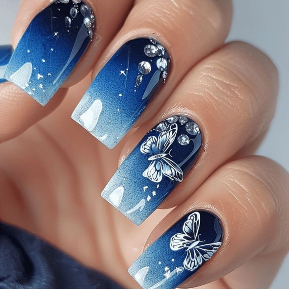 24PCS Galaxy Butterfly Press-On Nails - Blue Gradient w/ Rhi