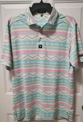Bad Birdie Men's Performance Golf Polo Shirt Pastel Aztec Print Size L EUC