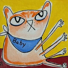 Cat Painting Collectible Original Baby Abstract Folk Art Samantha McLean 4x4in
