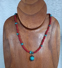 Vintage NTL Red Turquoise Beaded Choker Necklace Bead Pendant 15.5" 90s Y2K Blue
