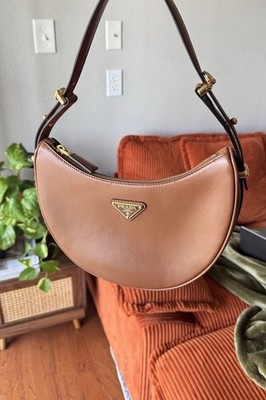PRADA Arqué Cognac Brown Leather Shoulder Bag Zip | eBay