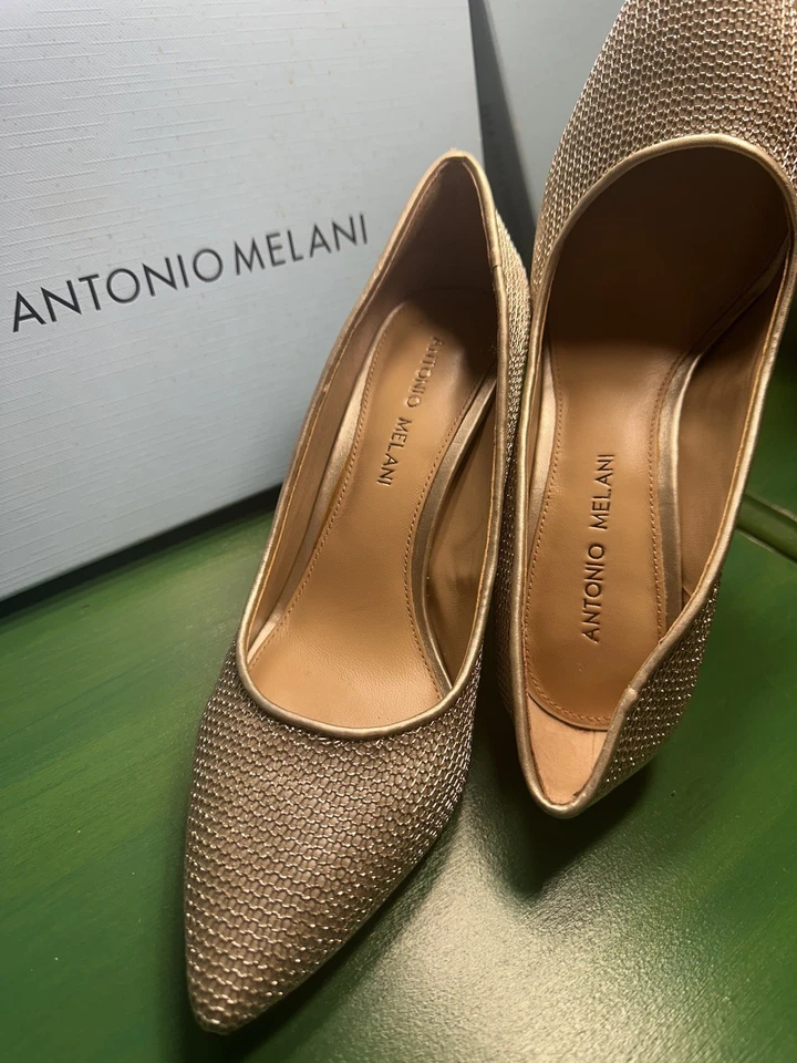 Salto Antonio Melani Gold Mesh Pumps Feminino Tamanho 7.5 Muito Bom Estado - Imagem 3 de 4