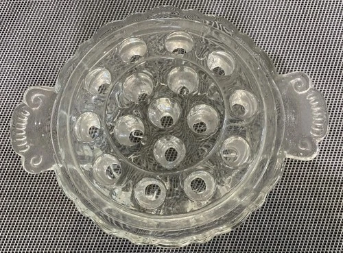 Vintage Anchor Hocking Old Cafe 16 Hole Clear Glass Flower Frog & Bowl