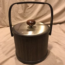 Vintage Large Atapco Metal Plastic Ice Bucket With Handle Vinyl Wood Design