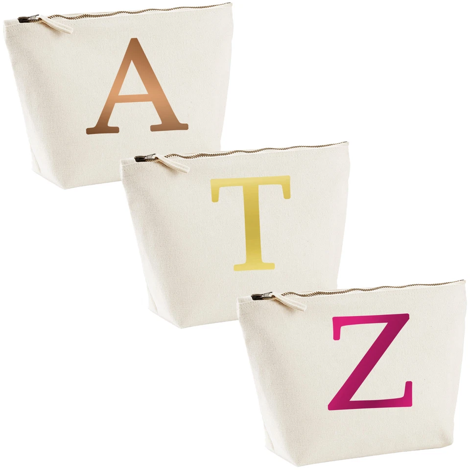 WESTFORD MILL Einzelbuchstabe METALLIC bedruckte natürliche Make-up Waschtasche - Alphabet A-Z Initial