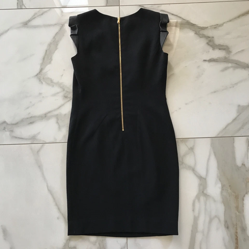 Emilio Pucci Dress Womens 10 Black Wool Sheath Lamb Leather Cap Sleeves - Image 3 of 4